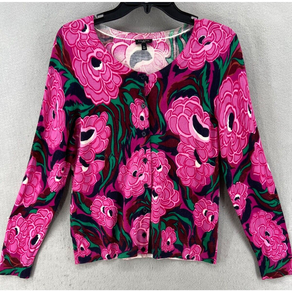 Talbots Petites Cardigan Womens Sz LP‎ Pink Floral Button Long Sleeve Crew Neck - Picture 1 of 8